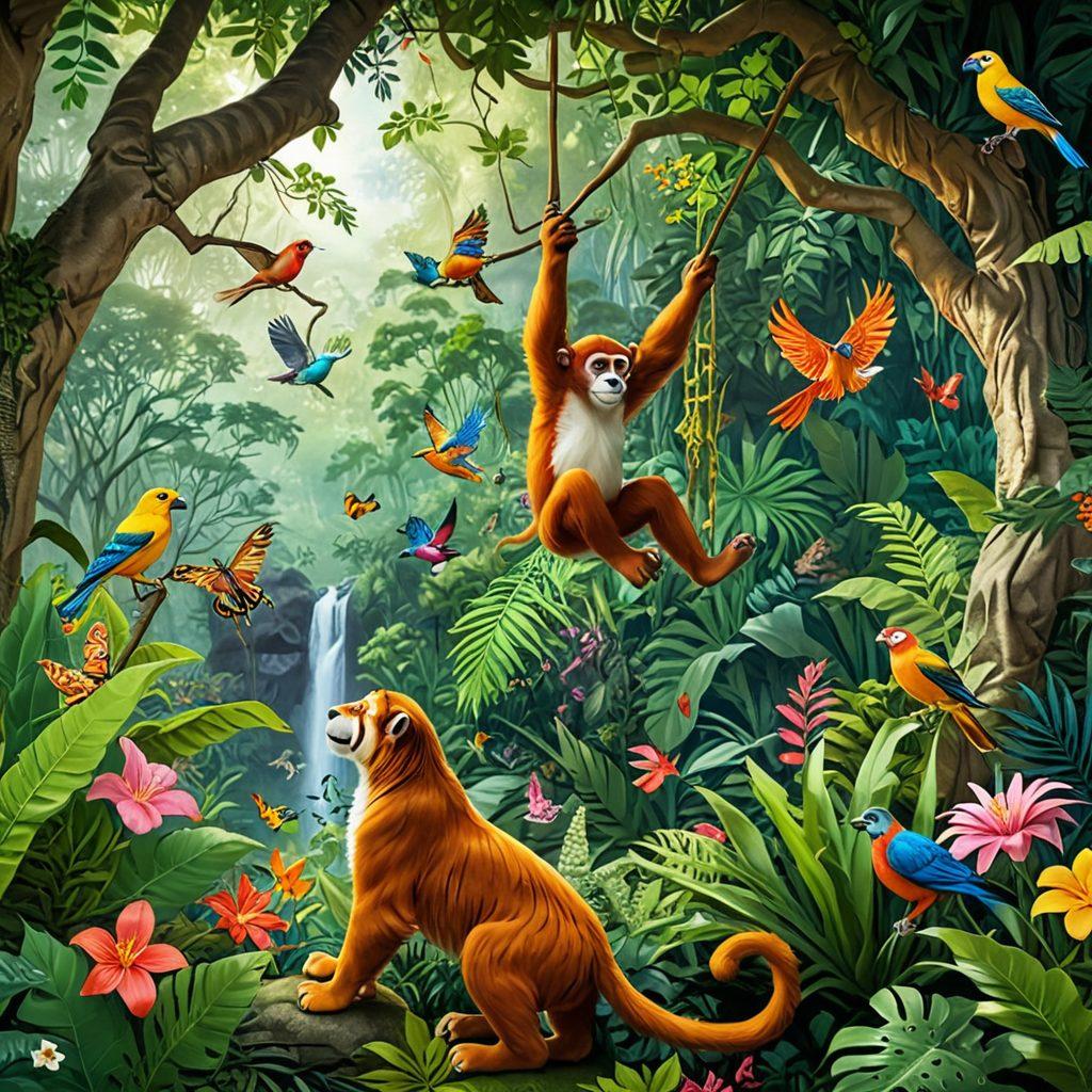 A vibrant jungle scene showcasing a diverse range of wild animals in their natural habitat, including a playful monkey, colorful birds, and a majestic tiger in the background. In the foreground, a caring pet parent interacts with their happy dog, symbolizing the bond between pet ownership and wildlife appreciation. Lush greenery and bright flowers enhance the liveliness of the scene. super-realistic. vibrant colors. 3D.