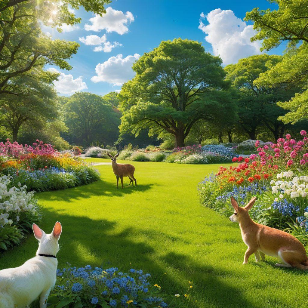 A compassionate scene depicting a diverse group of pet parents caring for their animals alongside wildlife advocates protecting nature, surrounded by happy pets like dogs, cats, and birds, with lush greenery and wildlife in the background. Each person displays a strong emotional bond with their pets, showcasing joy and harmony. The sky should be bright and uplifting, symbolizing hope for animal rights. vibrant colors. super-realistic.