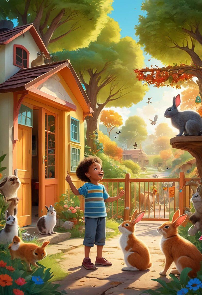 A vibrant illustration depicting a joyful child at a zoo, pointing excitedly at a colorful array of animals on one side, seamlessly blending into a cozy home environment filled with pet animals on the other. The background transitions beautifully, showcasing a lush nature scene with playful wildlife. Incorporate whimsical elements like animated trees and friendly animals interacting with the child, symbolizing the connection between the wild and domestic realms. cartoon style. bright colors. warm tones.